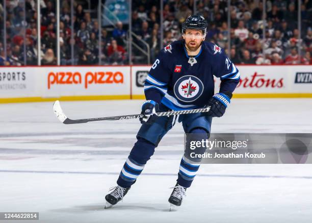 Blake Wheeler of the Winnipeg Jets skates during second period action against the Montreal Canadiens at Canada Life Centre on November 03, 2022 in...