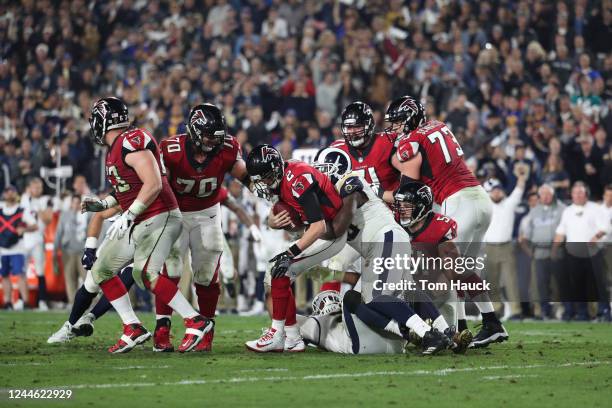 Los Angeles Rams nose tackle Michael Brockers sacks Atlanta Falcons quarterback Matt Ryan during an NFL Wild Card Playoff game between the Atlanta...