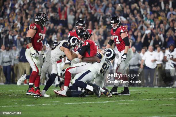 Los Angeles Rams nose tackle Michael Brockers sacks Atlanta Falcons quarterback Matt Ryan during an NFL Wild Card Playoff game between the Atlanta...