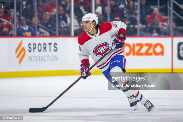 Johnathan Kovacevic of the Montreal Canadiens skates during first period action against the Winnipeg Jets at Canada Life Centre on November 03, 2022...