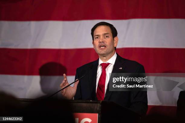 Sen. Marco Rubio speaks to supporters during an election-night party on November 8, 2022 in Miami, Florida. Rubio is facing a challenge from Rep. Val...