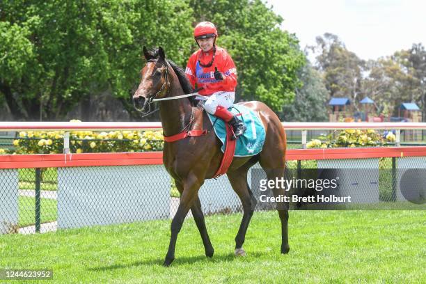 Dean Yendall returns to the mounting yard on Mondo after winning the bet365 Protest Promise Maiden Plate at Bendigo Racecourse on November 09, 2022...