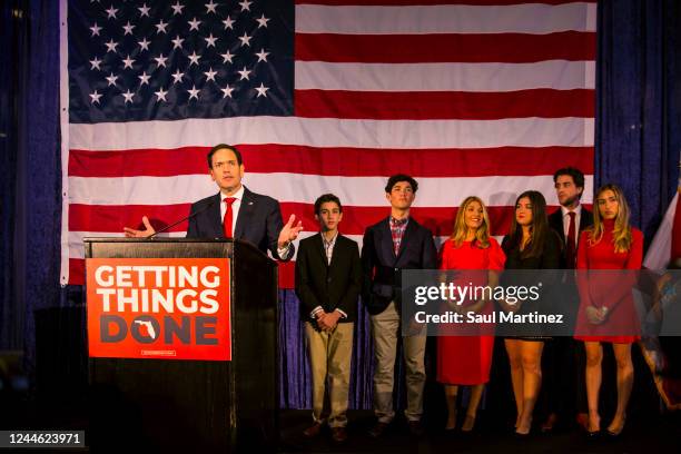 Sen. Marco Rubio stands with his family as he speaks to his supporters during an election-night party on November 8, 2022 in Miami, Florida. Rubio is...