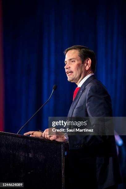 Sen. Marco Rubio speaks to his supporters during an election-night party on November 8, 2022 in Miami, Florida. Rubio is facing a challenge from Rep....