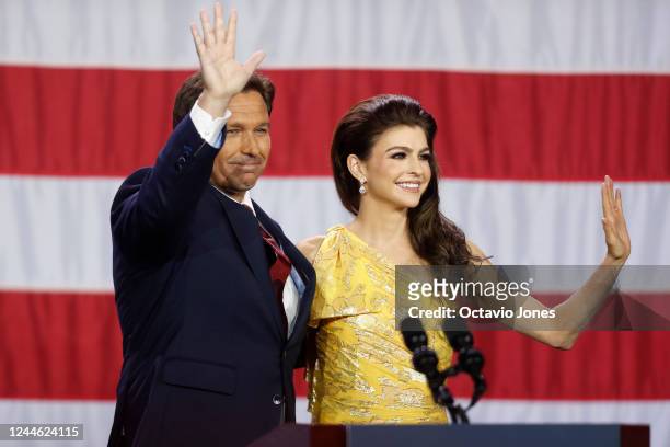 Florida Gov. Ron DeSantis and his wife Casey DeSantis celebrate his victory over Democratic gubernatorial candidate Rep. Charlie Crist during an...