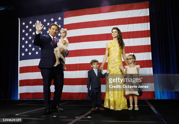 Florida Gov. Ron DeSantis, his wife Casey DeSantis and their children walk on stage to celebrate victory over Democratic gubernatorial candidate Rep....