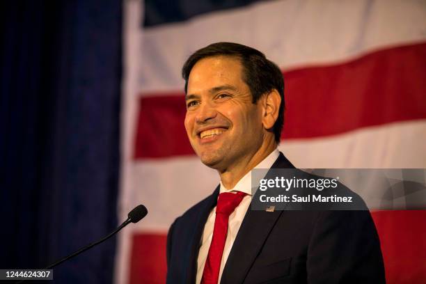 Sen. Marco Rubio speaks to his supporters during an election-night party on November 8, 2022 in Miami, Florida. Rubio is facing a challenge from Rep....