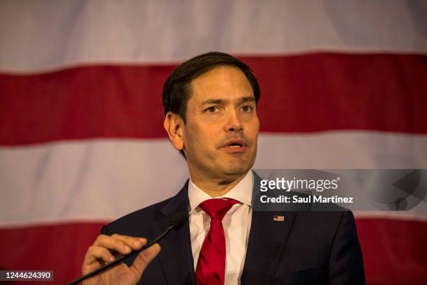 Sen. Marco Rubio speaks to his supporters during an election-night party on November 8, 2022 in Miami, Florida. Rubio is facing a challenge from Rep....