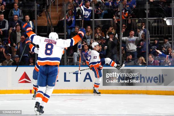 Anders Lee of the New York Islanders celebrates after scoring the game winning goal in the third period against the New York Rangers at Madison...