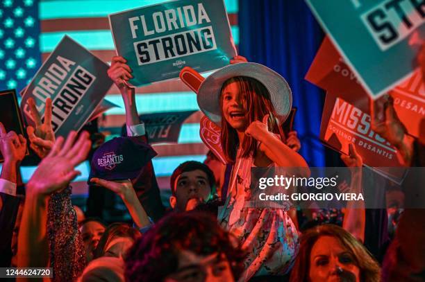 Supporters of Republican gubernatorial candidate for Florida Ron DeSantis cheer during an election night watch party at the Convention Center in...