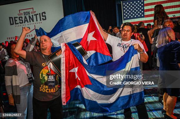 Supporters of Republican gubernatorial candidate for Florida Ron DeSantis cheer and wave Cuban flags during an election night watch party at the...