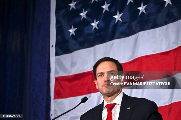 Senator Marco Rubio speaks during his election night watch party at Hilton Miami Airport Blue Lagoon in Miami, Florida, on November 8, 2022.