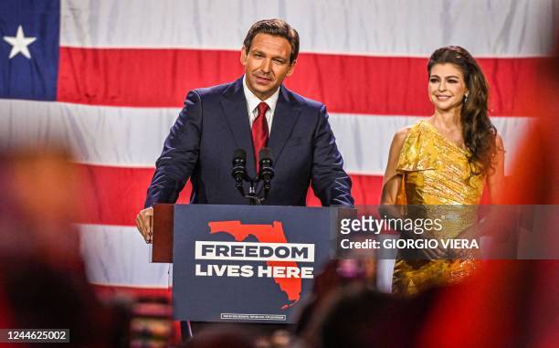 Republican gubernatorial candidate for Florida Ron DeSantis with his wife Casey DeSantis speaks during an election night watch party at the...