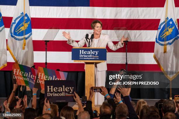 Democratic Massachusetts Governor Elect Maura Healey celebrates victory and delivers a speech during a watch party at the Copley Plaza hotel on...