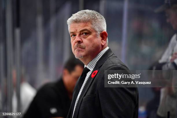 Todd McLellan Head Coach of the Los Angeles Kings looks on during warm ups prior to the game against the Minnesota Wild at Crypto.com Arena on...