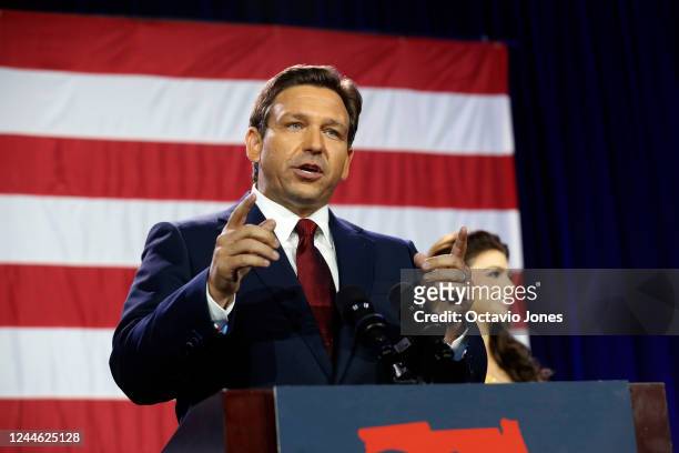 Florida Gov. Ron DeSantis gives a victory speech after defeating Democratic gubernatorial candidate Rep. Charlie Crist during his election night...