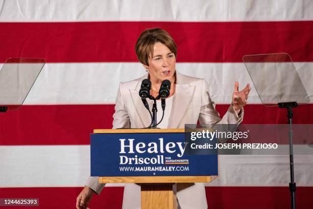 Democratic Massachusetts Governor Elect Maura Healey celebrates victory and delivers a speech during a watch party at the Copley Plaza hotel on...