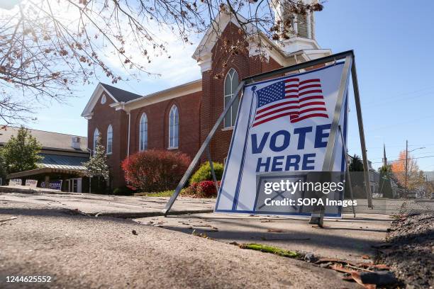 Vote here" sign is seen outside of the polling location at Shiloh United Church of Christ in Danville on Election Day. Republican Doug Mastriano and...