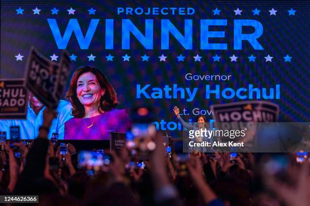 New York Gov. Kathy Hochul celebrates her win during an election night party during on November 8, 2022 in New York City. Gov. Kathy Hochul defeated...