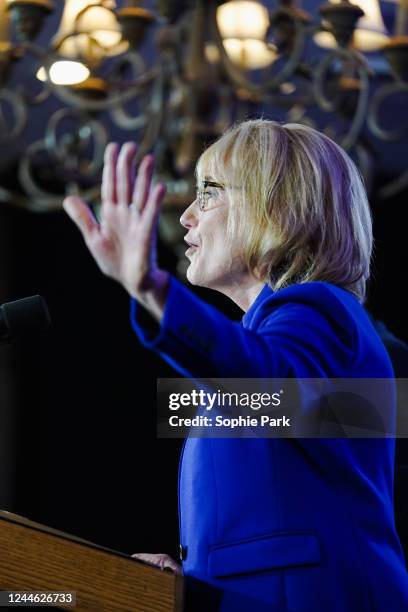 Sen. Maggie Hassan addresses supporters with her family after her midterm victory during her election night watch party at the Puritan Conference...