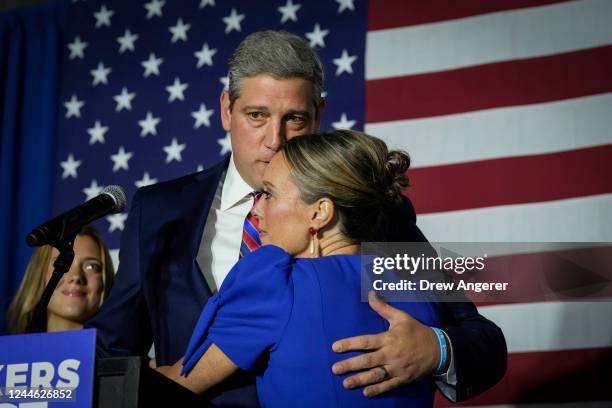 Democratic candidate for U.S. Senate, Rep. Tim Ryan hugs his wife Andrea after conceding the race to Republican JD Vance during an election-night...