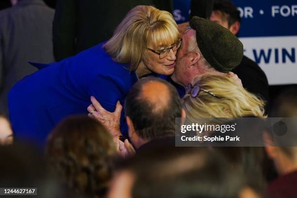 Sen. Maggie Hassan hugs a supporter after her midterm victory during her election night watch party at the Puritan Conference Center on November 8,...
