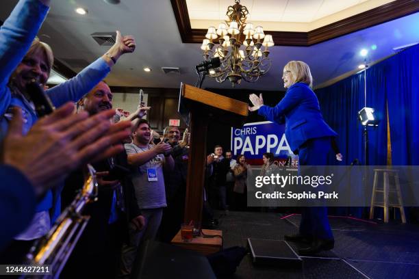 Sen. Maggie Hassan addresses supporters with her family after her midterm victory during her election night watch party at the Puritan Conference...