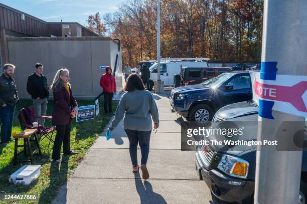 Representative Abigail Spanberger greets voters outside of Bel Air Elementary School in Woodbridge, VA on Election Day, November 08, 2022.