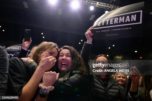 Supporters of Pennsylvania Democratic Senatorial candidate John Fetterman react at a watch party during the midterm elections at Stage AE in...