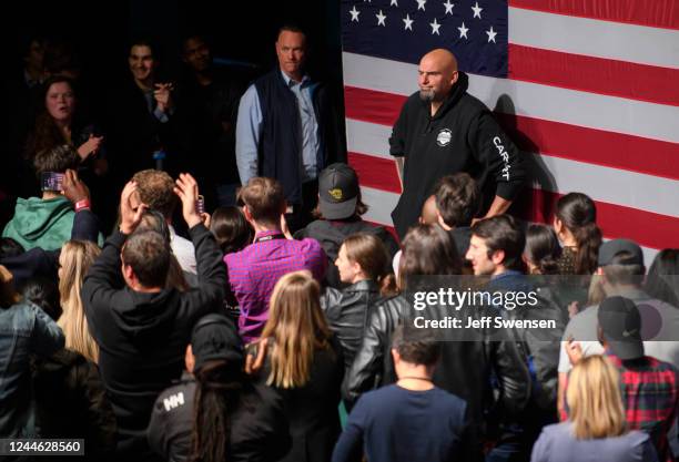 Democratic Senate candidate John Fetterman speaks to supporters during an election night party at StageAE on November 9, 2022 in Pittsburgh,...