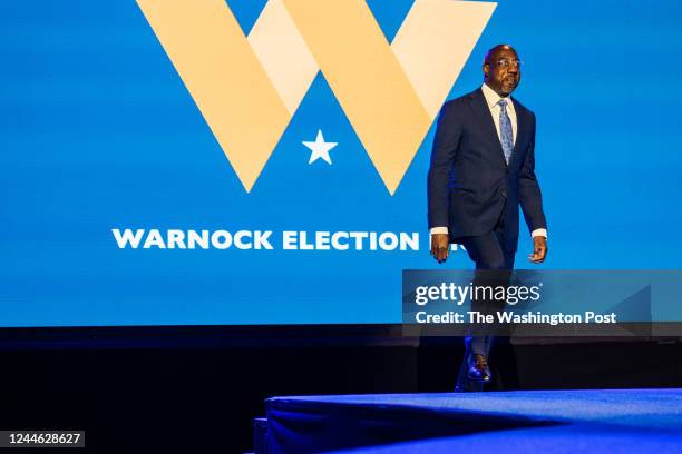 November 8, 2022: Senator Raphael Warnock makes his way to the stage to deliver remarks during the Warnock for Georgia Election Night Watch Party at...