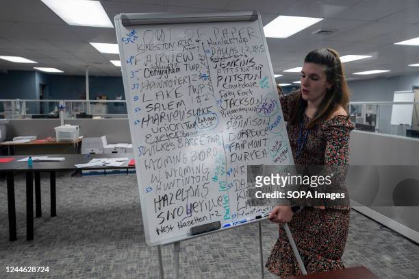Deputy Election Director of Luzerne County, Beth Gilbert McBride, moves a whiteboard behind a glass divider with the names of over 30 voting...