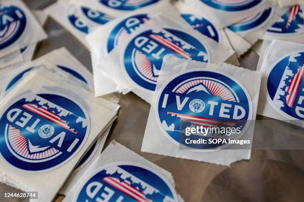 Voted" stickers are seen during the election day. Despite the winter storm, election day in Nevada continues, and voters remain busy casting their...