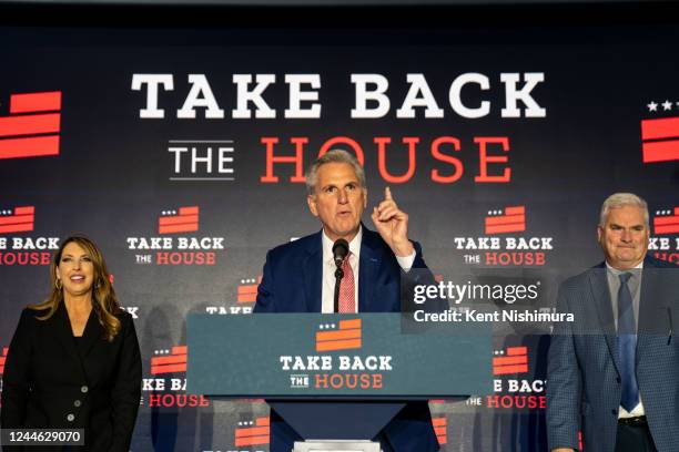 House Minority Leader Kevin McCarthy addresses a crowd during an election night watch party at the National Ballroom at The Westin, City Center on...