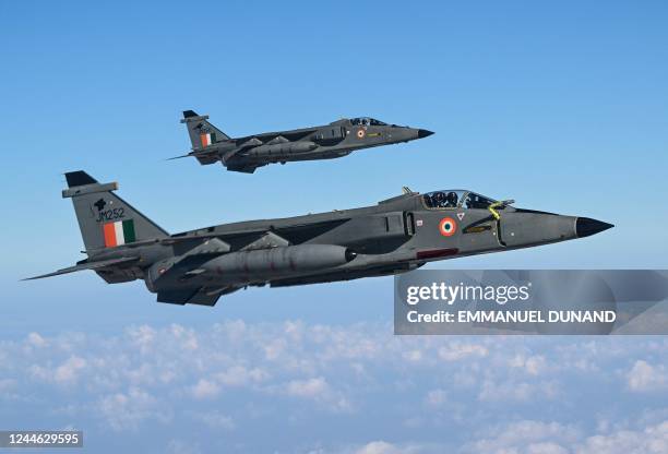 Indian Air Force SEPECAT Jaguar fighter jets take part in an air refueling exercise during the joint exercise 'Ex Garuda-VII' between IAF and FASF in...