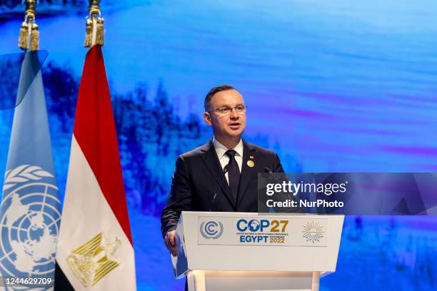 Andrzej Duda, President of Poland delivers his national statement during the High-Level Segment for Heads of State and Government summit on the third...