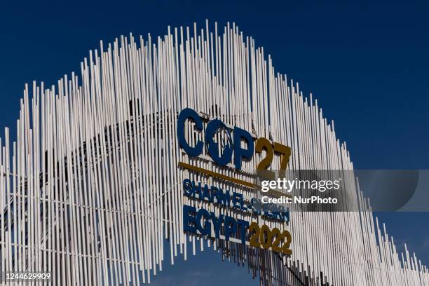 The main entrance of the COP27 UN Climate Change Conference, held by UNFCCC in Sharm El-Sheikh International Convention Center, Egypt on November 8,...