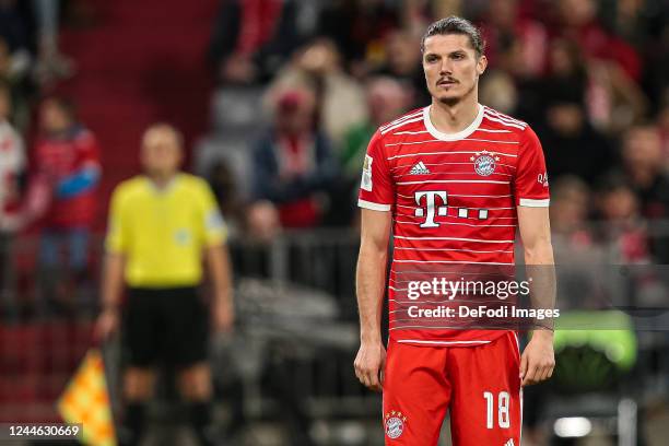 Marcel Sabitzer of Bayern Muenchen Looks on during the Bundesliga match between FC Bayern München and SV Werder Bremen at Allianz Arena on November...