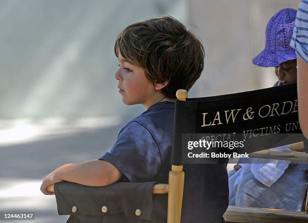 August Hermann and his sister Amaya Josephine Hermann on location for "Law & Order SVU" on September 9, 2011 on the Streets of Manhattan in New York...