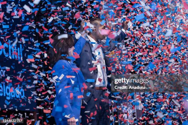 Governor Kathy Hochul and Lieutenant Governor Antonio Delgado celebrate after successful election to the full term at Election Night Watch Party at...