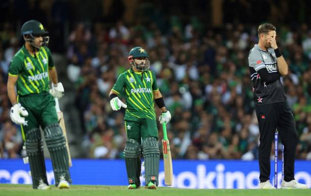 Pakistan's Mohammad Haris and Pakistan's Muhammad Rizwan look on as New Zealand's Tim Southee reacts during the ICC men's Twenty20 World Cup 2022...