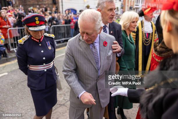 King Charles III of the United Kingdom reacts after an egg was thrown in his direction in York during a ceremony at Micklegate Bar where,...