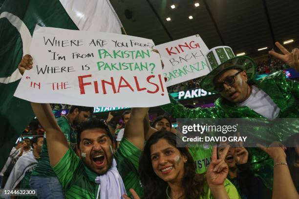 Pakistan's supporters celebrate after victory in the ICC men's Twenty20 World Cup 2022 semi-final cricket match between New Zealand and Pakistan at...