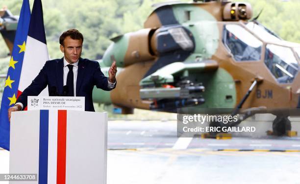 France's President Emmanuel Macron gestures as he delivers a speech on defence strategy to present the La Revue nationale strategique , a new...