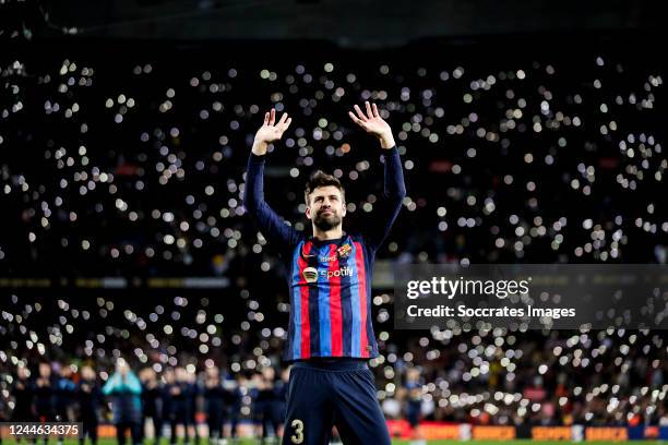 Gerard Pique of FC Barcelona thanks the FC Barcelona supporters for his last game during the La Liga Santander match between FC Barcelona v UD...