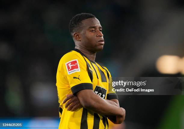 Youssoufa Moukoko of Borussia Dortmund looks on during the Bundesliga match between VfL Wolfsburg and Borussia Dortmund at Volkswagen Arena on...