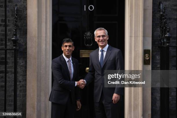 Britain's Prime Minister Rishi Sunak welcomes NATO Secretary General Jens Stoltenberg to 10 Downing Street on November 9, 2022 in London, England....