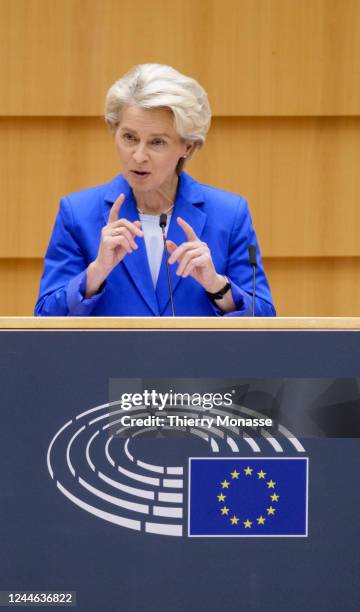 President of the European Commission Ursula von der Leyen delivers a speech while the President of the European Parliament Roberta Metsola listens in...