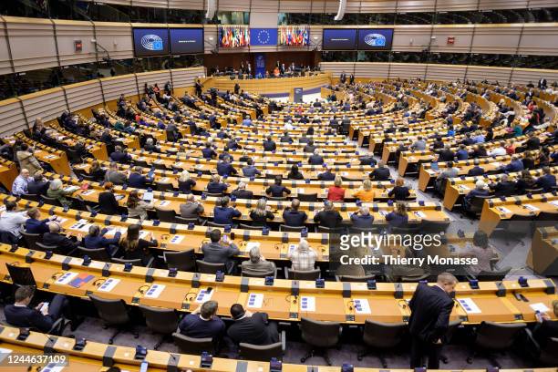 President of the European Parliament Roberta Metsola delivers a speech in the hemicycle of the European Parliament on November 9, 2022 in Brussels,...