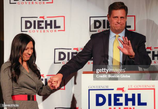 Boston, MA Geoff Diehl holds hands with Lieutenant Governor candidate Leah Allen during their concession speech.